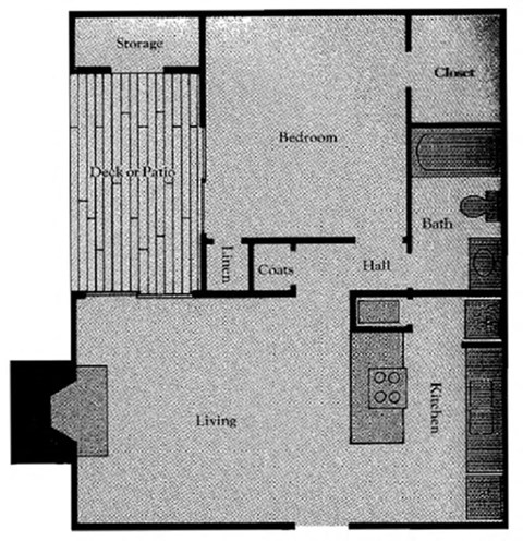 Floor plan for 1 bed, 1 bath, 710 sqft
